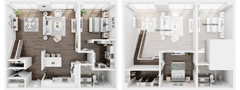 two layouts of a living room and dining room with furniture and a kitchen